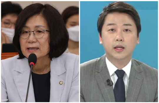 권인숙(왼쪽) 더불어민주당 의원과 장예찬 국민의힘 선대위 공동청년본부장. <연합뉴스>